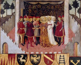 Ceremonia ślubna pary szlacheckiej miasta Sieny Obraz Sano di Pietro (1406-1481) zdobiący Biccherna (okładka księgi rachunkowej miasta Siena) 1473. Siena Archivio di Stato, Włochy