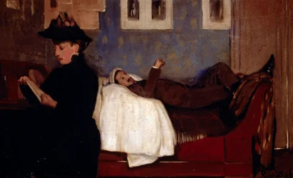 Warsztaty w Paryżu. Warstwa charakteru to prawdopodobnie Miguel Utrillo (1862-1934). Obraz Santiago Rusinol y (i) Prats (1861-1931)