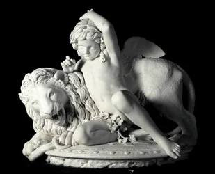 Love Mastering the Force Marble Sculpture autorstwa Santo Varni (1807-1885) 1865. Wym. 85x90x62 cm Z kolekcji księcia Odona di savoia. Geny, Galleria d