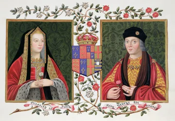 Podwójny portret Elżbiety York (1465-1503) i Henryka VII (1457-1509), trzymających białą różę Yorków i czerwoną różę Lancasterów, z „Wspomnień z dworu królowej Elżbiety”, opublikowanych w 182