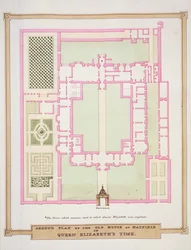 Plan parteru starego domu w Hatfield w czasach królowej Elżbiety z „Pamiętników dworu królowej Elżbiety”, opublikowanych w 1825 r. (Wc i gwasz na papierze)
