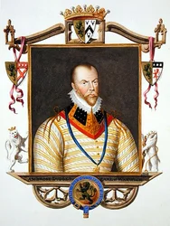 Portret Ambrose Dudley (ok.1528-d.1590) 1. hrabia Warwick ze „Wspomnień dworu królowej Elżbiety”, opublikowanych w 1825 r. (akwarela i gwasz na papierze)