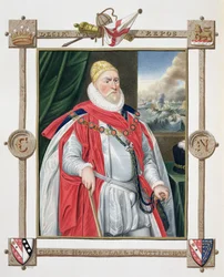 Portret Charlesa Howarda (1536-1624) 2. barona Effingham i 1. hrabiego Nottingham ze „Wspomnień dworu królowej Elżbiety”, według portretu Daniela Mytensa (1644-88) opublikowanego w 1825 r. (