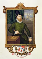 Portret Jamesa Douglasa (ok. 1516-81) 4. hrabiego Morton z „Pamiętników dworu królowej Elżbiety” po portretie attr. Arnolda van Brounkhorsta (fl.1565-80), wydana w 1825 r. (wc i gouac
