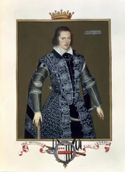 Portret Roberta Devereux (1566-1601) 2. hrabiego Essex z Wspomnienia dworu królowej Elżbiety na podstawie oleju Sir Williama Segara (fl.1913-d.1633) opublikowanego w 1825 r. (wc i gwasz na papierze)