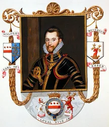 Portret Waltera Devereux (1541-76) 1. hrabiego Essex ze „Wspomnień dworu królowej Elżbiety”, wydanych w 1825 r. (akwarela i gwasz na papierze)