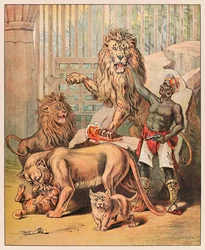 Przedstawienie lwów z ich opiekunem w Cyrku Barnuma i Baileya z Menażerii P.T.Barnuma opublikowanej w 1888 roku, ilustracja Sarah J. Burke.