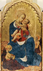 Madonna z Dzieciątkiem, centralny panel Ołtarza św. Dominika z Cortony, ok. 1434, autorstwa Sassetty (ok. 1400-1450), tempera i złoto na drewnie, 52x132 cm