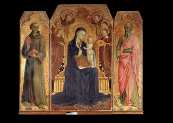Dziewica i dziecko w otoczeniu sześciu aniołów. Wokół: św. Antoni Padewski (san antonio di padova) i św. Jan Ewangelista. Ołtarz Stefano di Giovanni Sassetta (1392 - 1450)