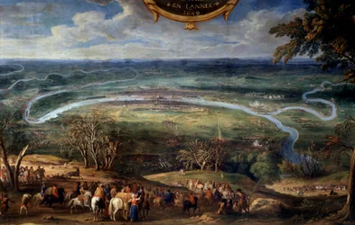 Czyny Ludwika II Burbon, księcia Conde (Bourbon-Conde) (Grand Conde) (1621-1686), blokada Paryża w 1649 podczas malowania Fronde Zbawiciela Le Conte (Leconte, Le Comte, Lecomte) (1659) -1694) XVII-wieczne Chantilly, Musee Conde