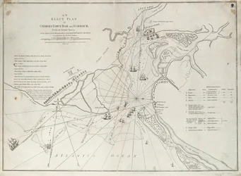Dokładny plan baru i portu w Charles Town, pochodzący z rzeczywistych badań przeprowadzonych podczas ataku na Fort Sullivan, 28 czerwca 1776 r., przez eskadrę Jego Królewskiej Mości dowodzoną przez Sir Petera Parkera.
