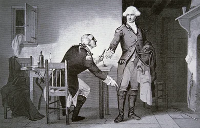 Amerykański zdrajca: Generał Benedict Arnold instruuje Andre, aby ukrył dokumenty w cholewce buta (litos)