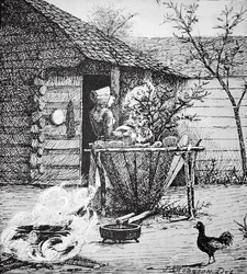 Scena na farmie - kobieta przy kadzi do prania, wg ilustracji J.S. Hodgsona (litografia)