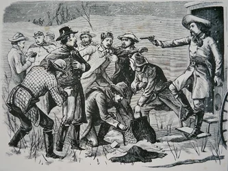 Czterech bandytów obezwładnia i plądruje dwóch oficerów i siedmiu żołnierzy w pobliżu Bismarck na terytorium Dakoty, z „New York Illustrated Times”