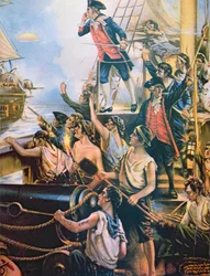 „Jeszcze nie zacząłem walczyć”, krzyczy Jones ze swojego statku Bonhomme Richard do HMS Serapis, 23 września 1779 (kolor litho)