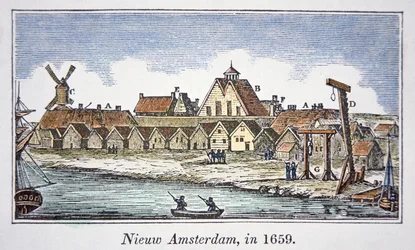 Nowy Amsterdam (później Nowy Jork) na Manhattanie, widok opublikowany w 1659 (kolor lito)