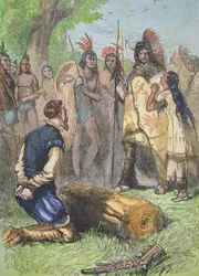 Pocahontas ratuje życie Johna Smitha (kolorowy grawer)