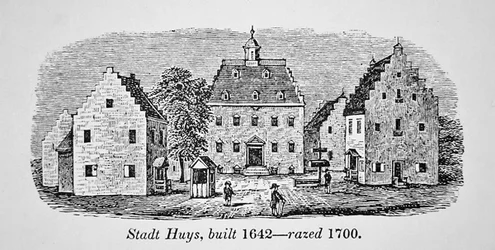 Holenderski Stadt Huys, New Amsterdam (Nowy Jork), zbudowany w 1642 i zrównany z ziemią w 1700 (lito)