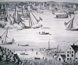 Widok na East River, Nowy Jork ok. 1750 z centrum budowy statków (lito)