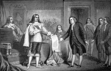 William Penn otrzymuje Kartę Pensylwanii od Karola II Anglii w 1681 roku (lito)