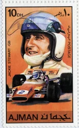 Pieczęć Emirates Arab Units przedstawiająca szkockiego kierowcę samochodu Jackie Stewart (Ne 1939)