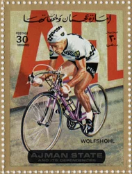 Pieczęć ZEA przedstawiająca rowerzystę Rolfa Wolfshohla (Ne 1938).