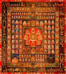 Buddyzm: mandala Taizokai (Garbhadhatu), zwana Mandalą Świata Łona, anonimowa, VIII-IX wiek, wymiary 187 x 164,3 cm, Tō-ji, Kioto, Japonia