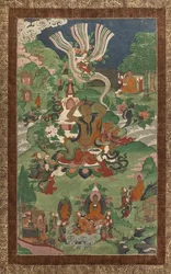 Fryzura i inne sceny. Thangka z sequela poświęconego głównym epizodom z życia Buddy.
