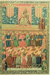 Król Jakub I Zdobywca przewodniczący Cortes of Lleida w marcu 1242, z rękopisu „Constitucions de Catalunya”