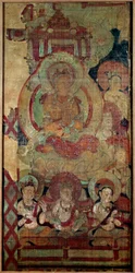 Sztuka chińska: grupa bodhisatwów (lub bodhisatwów). malowanie na jedwabiu. Dynastia Touen Houang z X wieku, Musee des Arts Asians de Guimet, Paryż.