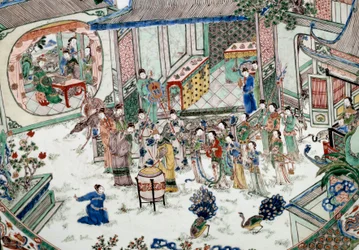 Sztuka chińska: tradycyjna impreza z koncertem. Malowanie na porcelanie. 18 wiek. Paryż, Muzeum Guimet, Narodowe Muzeum Sztuki Azjatyckiej