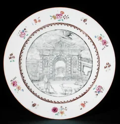 Talerz obiadowy zdobiony en grisaille emaliami Rose Famille z przedstawieniem Jakuba Bobarta (1599-1680) z kozą i psem, okres Qianlong (1736-95) (porcelana)