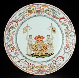 Talerz obiadowy zdobiony emaliami z famille rose z herbami Goosa z Ghyseghem, acollees z Vecquemans i Goubau, okres Yonzheng (1725-35) c.1730 (porcelana)
