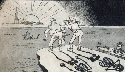 Generał MacArthur ze swoim szkieletowym cieniem patrzącym na bliźnięta Chińskiej Republiki Ludowej. Karykatura, w „Rysunkach satyrycznych”, Pekin