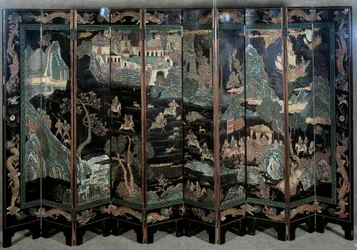 Sceny polowania. Art China: ekran z rzeźbionego lakieru
