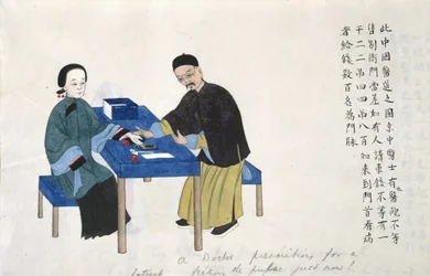 Lub 11539 fol.89v Na pulsie, z albumu scen z życia w Chinach (akwarela na papierze)