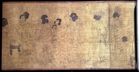 Palace Ladies at Leisure Handscroll, szczegół kobiet przygotowujących się do wyjścia, według oryginału Wen-chu Chou (fl.970) Okres Southern Sung, ok. 1140 (tusz i pigment na jedwabiu) (patrz też 114250)