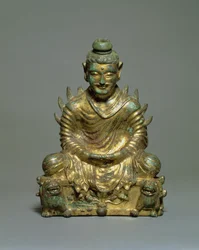 Siedzący Budda z płonącymi ramionami, chiński okres sześciu dynastii, północna dynastia Wei, III-V wiek (złocony brąz)