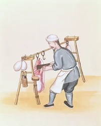 Sprzedawca mięsa, z książki o ulicznych rozmowach w Pekinie, ok. 1785 (akwarela i gwasz na papierze)