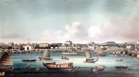 Port w Kantonie (Chiny) około połowy XIX wieku. Anonimowy obraz chiński.