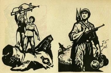 Wietnamscy komuniści zwycięzcami Stanów Zjednoczonych. Illustration de propagande, w "Manuel pour bien dessiner", Pekin