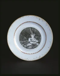Biały talerz obramowany złotem i czerwienią z kobietą (porcelana)