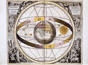 Ptolemejski, geocentryczny, skoncentrowany na Ziemi system wszechświata, pokazujący położenie Słońca, Księżyca i planet, z "Harmonia Macrocosmica" Andreasa Cellariusa, Amsterdam