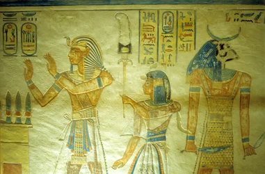 Starożytny Egipt, malarstwo/rzeźba, grobowiec Amona-Hira w Khopshef, Ramzes III z synem Amonem-Hirem niosącym sztandar