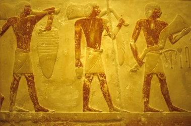 Ancient Egypt, Wall carving/painting, Mastaba/Tomb of Idout, Saqqara, 2323-2150 BC, Bearers with offerings (photo)