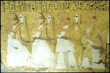Muinainen Egypti, Seinämaalaus Inherkhaun hauta, Thebes, Aatelisten hauta, 20. dynastia, Papit kaatamassa juomaruoan Inherkhaun (valokuva)kiillotus