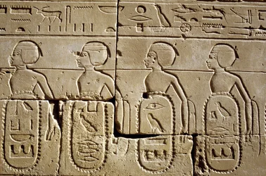 Muinainen Egypti, Seinämaalaus/kaiverrus, Karnak/Luxor Pylon Six, osa luetteloista etelän ja Syyrian heimoista, jotka Tutmoses III:n armeija valtasi, Karnakin temppeli, Luxorpolish