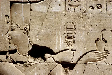 Starożytny Egipt, malowidło ścienne/rzeźba, faraon Ptolemeusz potrząsający systrum i ofiarowujący kadzidło, Świątynia Horusa, Edfu (zdjęcie)