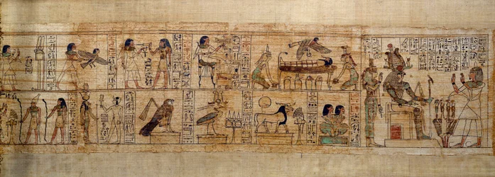 Starożytna sztuka egipska Mitologiczny papirus Serimen. U góry: Serimen kocha boga Ozyrysa reprezentowanego przez jego godło w mieście Abydos. Dusza zmarłego w postaci ptaka przelatuje nad jego mumią obserwowaną przez boginie Izydę (po lewej) i Neftydę (po