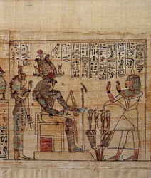 Starożytna sztuka egipska: mitologiczny papirus Serimen. serimen w kulcie przed bogiem ptah-sokar-osiris, a następnie Izyda. Rękopis XXI dynastii (ok. 1069-945), trzeci okres pośredni (ok. 1069-664 pne). Obraz.